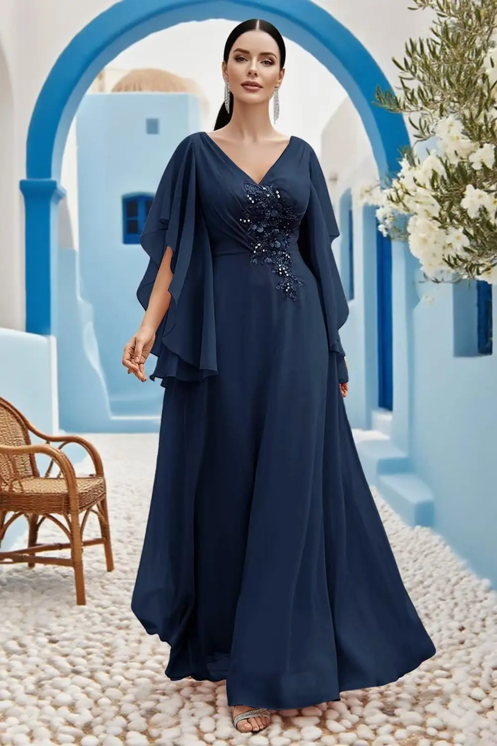 فساتين أم العروس من الشيفون المطرز بأكمام طويلة مكشكشة لحفلات الزفاف، فساتين سهرة أنيقة من الدانتيل للنساء رسمية