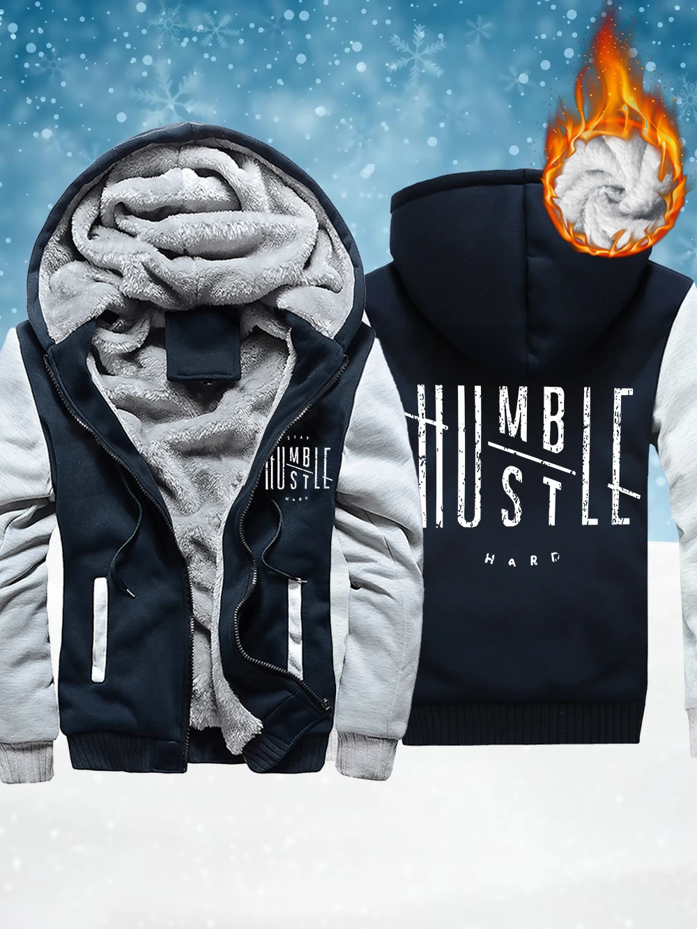 

Stay Humble Hustle Hard Printing Mens Zipper Coats Winter Fleece Warm Thicken Jackets Windproof Thermal Outerwear Men'S Tops