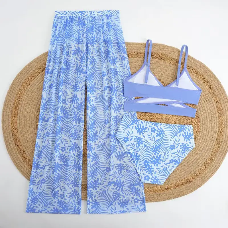 3 Pieces High Waist Bikini 2026 Girls Swimsuit & Beach Pant Swimwear Children Bathers Bathing Swimming Swim Suit Beachwear 8-12Y