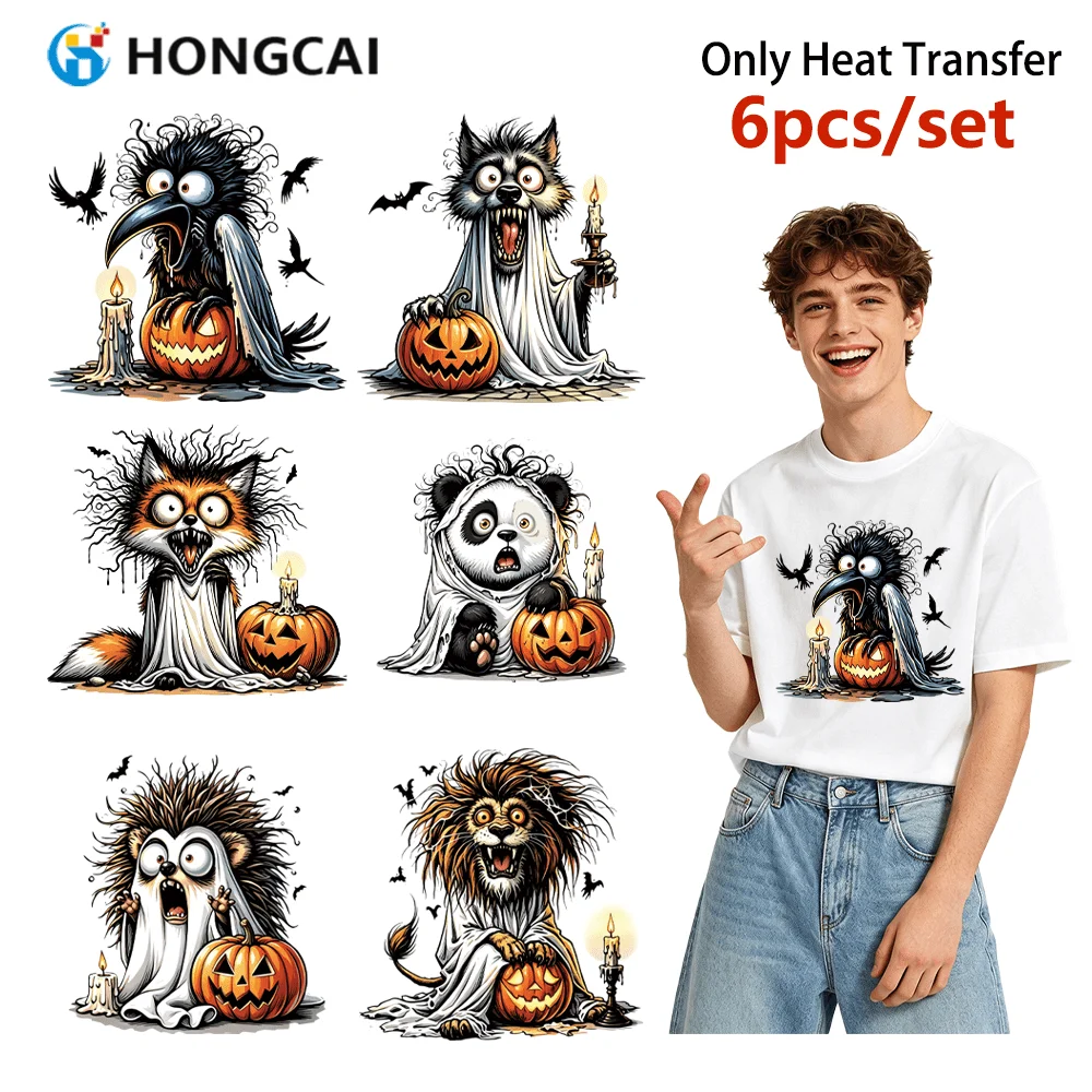 6Pcs Halloween Pumpkin & Ghost Iron-on Patches, for Clothes, Hats, Shoes & Throw Pillow DIY, Stretchable & Crack-resistant