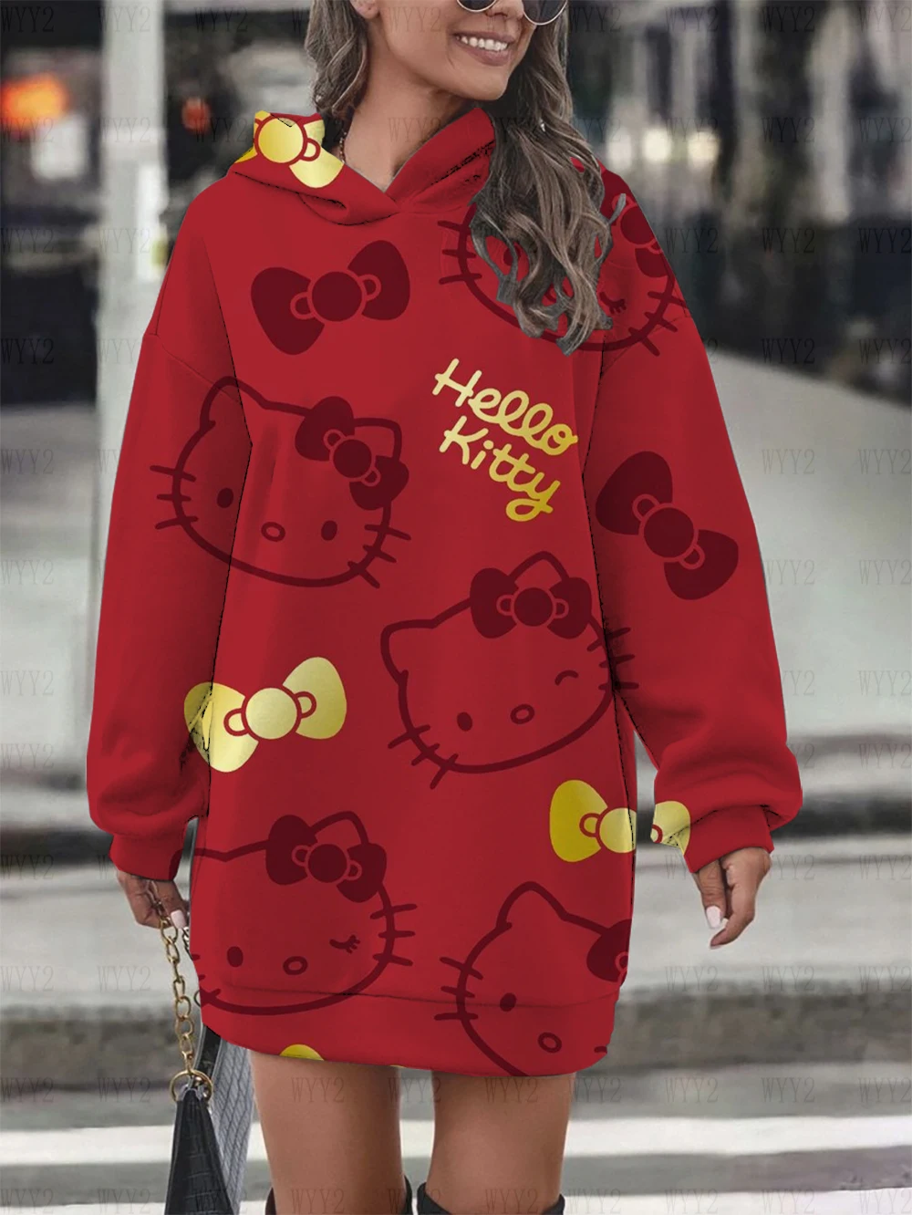 New Fashion Simple Street Style HelloKitty Cartoon Print Long Sleeve Hooded Sweater Dress Warm and Comfortable Women's Clothing