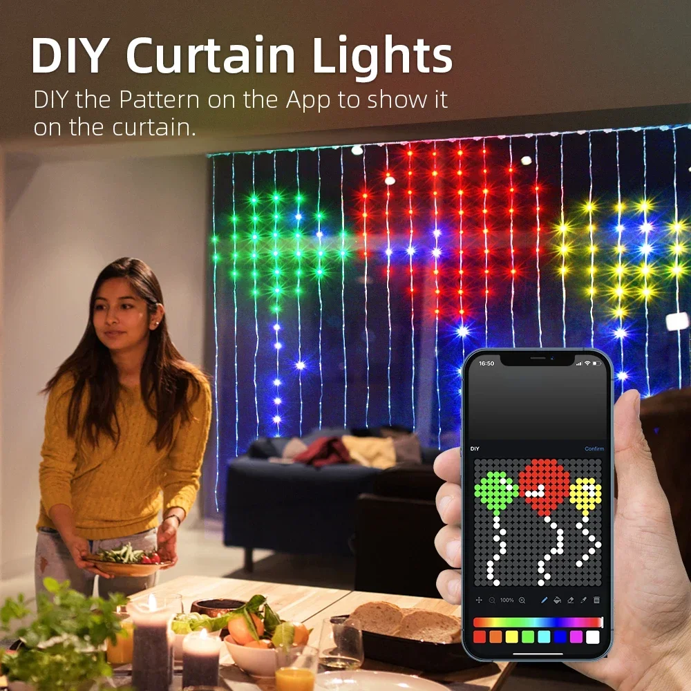 400LED Smart Curtain Lights, RGBIC Color Changing Christmas Lights String Dimmable DIY Patterns with Music for Bedroom Courtyard