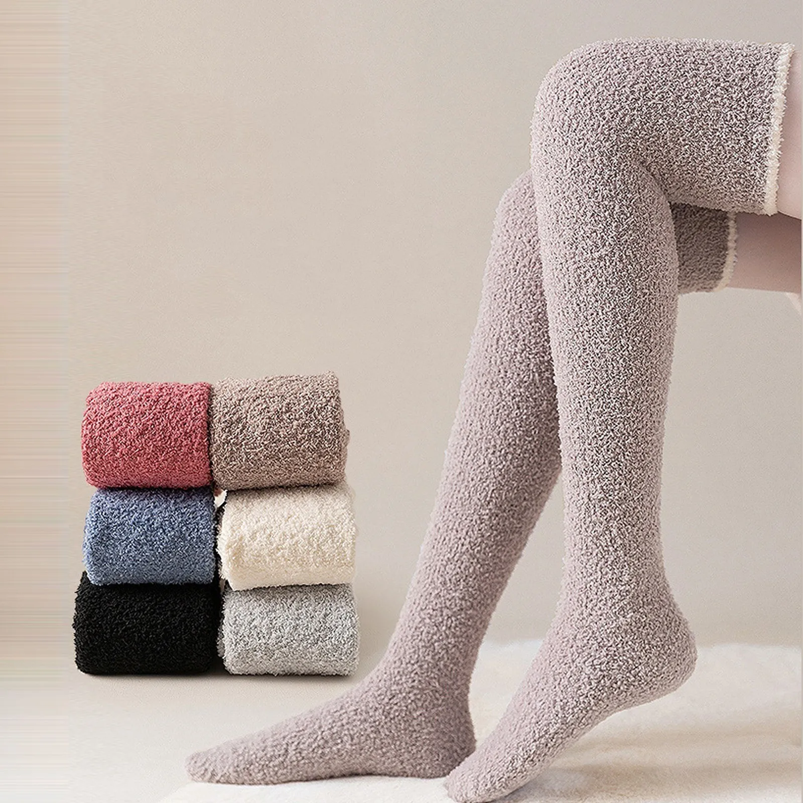 Winter Warm Coral Fleece Over-Knee High Socks For Women Plush Home Sleep Long Socking Soft And Comfortable Thigh High Sock ﻿