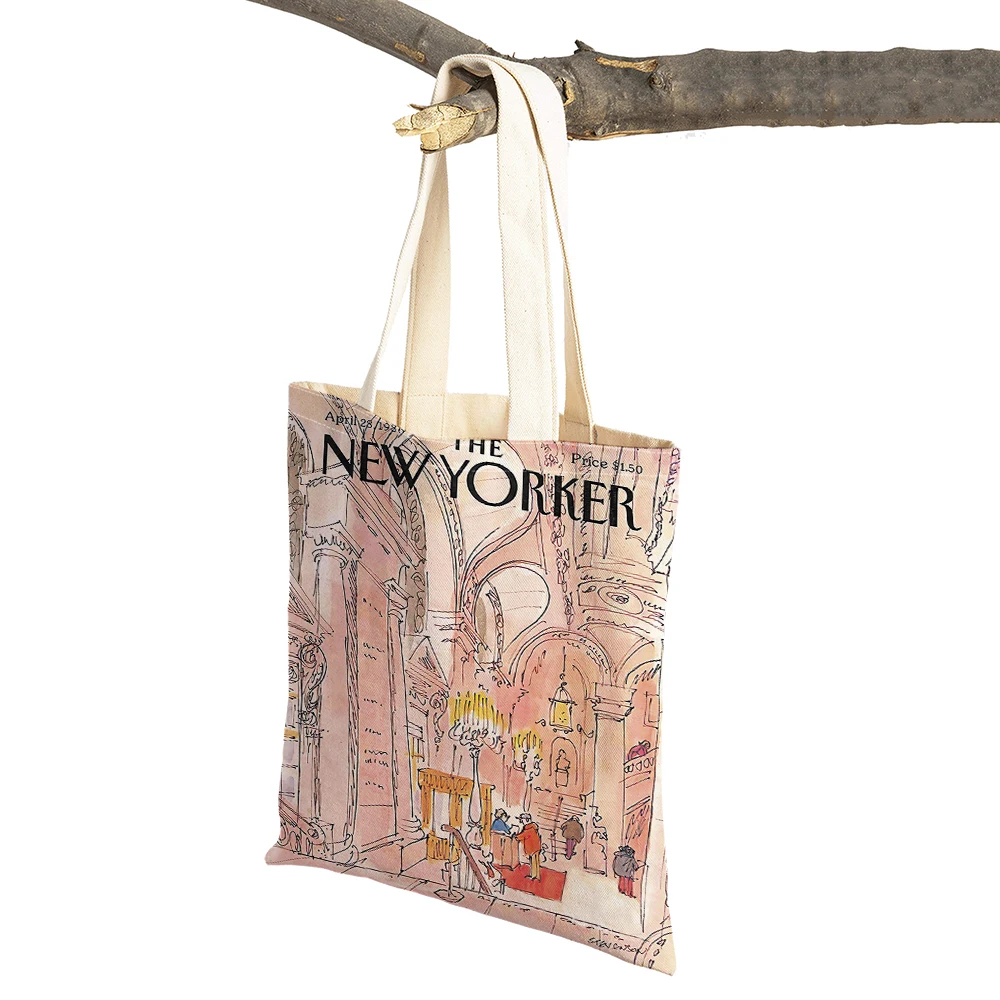 The New Yorker City Magazine Women Shopping Bags Double Print Casual Nordic Shopper Bag Lady Linen Tote Eco Leaf Flower Handbag