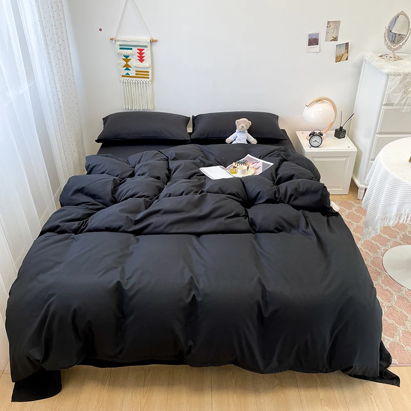 

Black Bedding Set Soft Bed Linen Set Washed Cotton Duvet Cover Pillowcase and Bedsheet постельное бельё набор Home Bedclothes