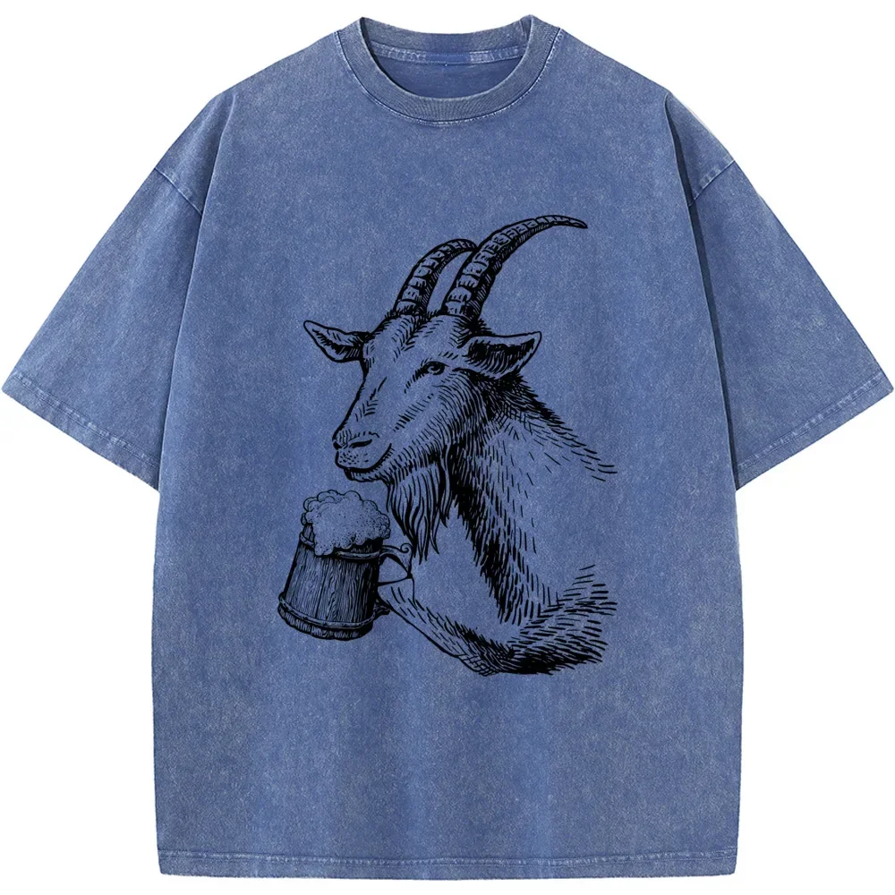 

Мужская футболка с короткими рукавами «Пвово и коза», 230 г, хлопковая стираная футболка, винтажная отбеленная футболка, модная свободная отбеливающая футболка