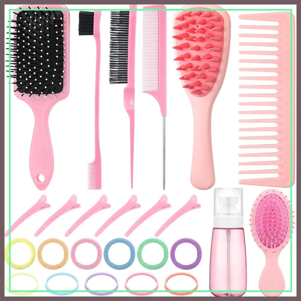 

76 Pcs Pink Hair Brush Set: Detangle, Scalp Scrubber, Spray Bottle, Wide Tooth Mini Wet Brushes for Travel Home