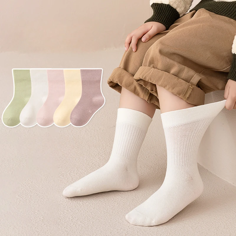 Loose Mouthed Combed Cotton Socks Versatile Solid Color Socks for Small Medium and Large Children 5 Pairs of Sleep Socks Kids