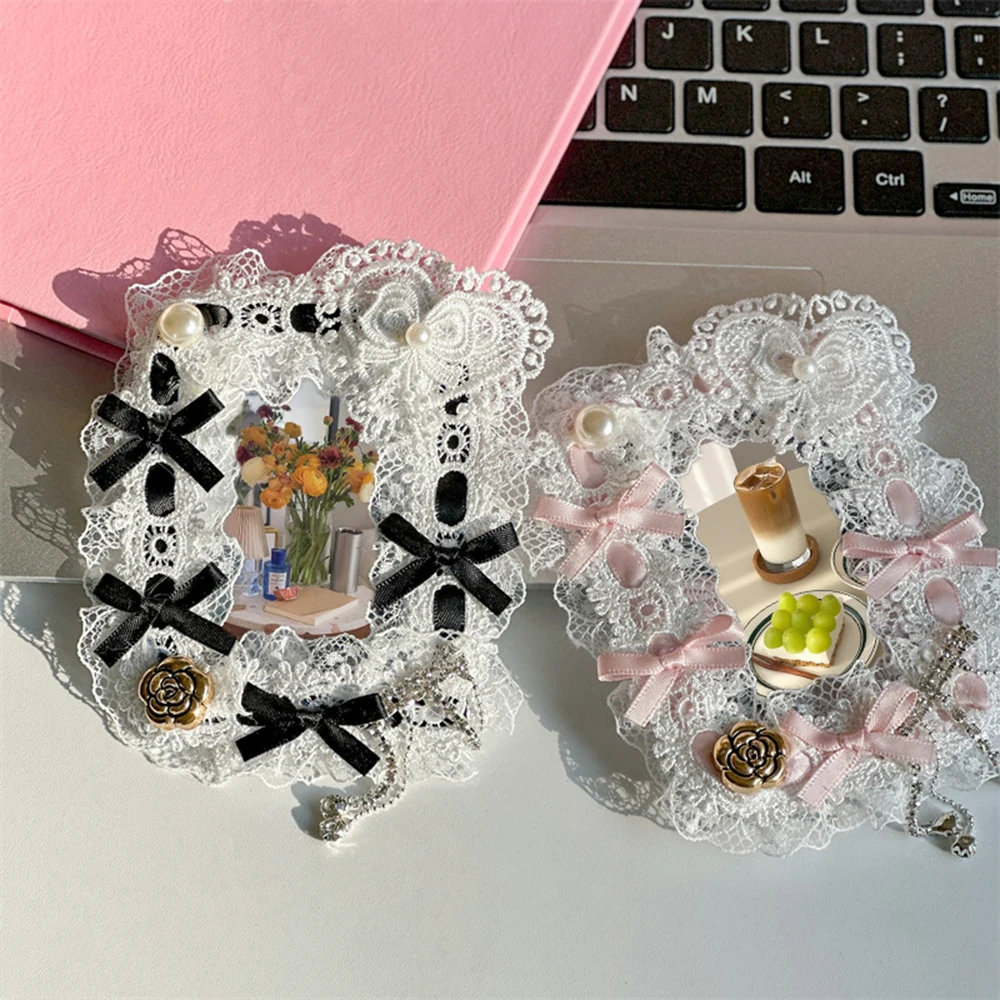 3 Inch Bowknot Lace Decor Card Sleeve Handmade Transparent Card Holder Idol Photo Protective Case For Girls Students Supplies