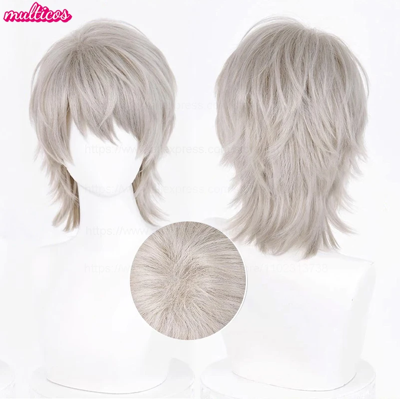 วิกผมคอสเพลย์ Xavier สีเทาลินินสั้น ทนความร้อน สำหรับงานปาร์ตี้ฮาโลวีน อนิเมะ เกม พร้อมหมวกคลุมผม