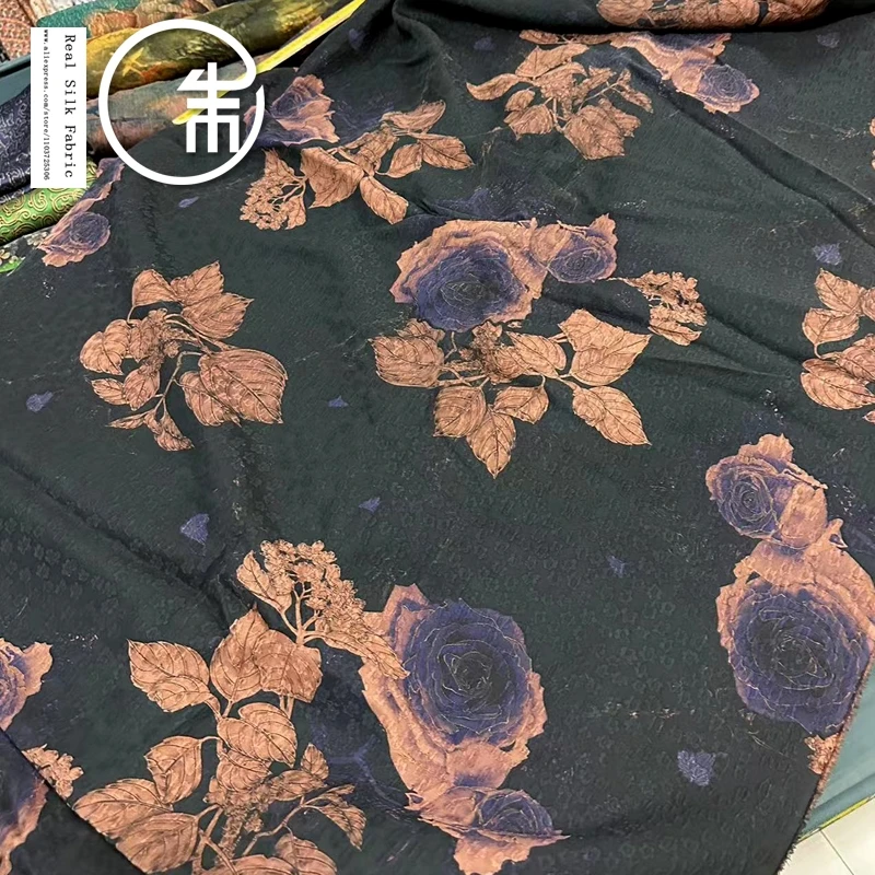 High Quality Black Rose Crown Crepe Yarn Fabric 30momme 100% Real Silk Designer Silk Cloth Clothing Skirt Cheongsam