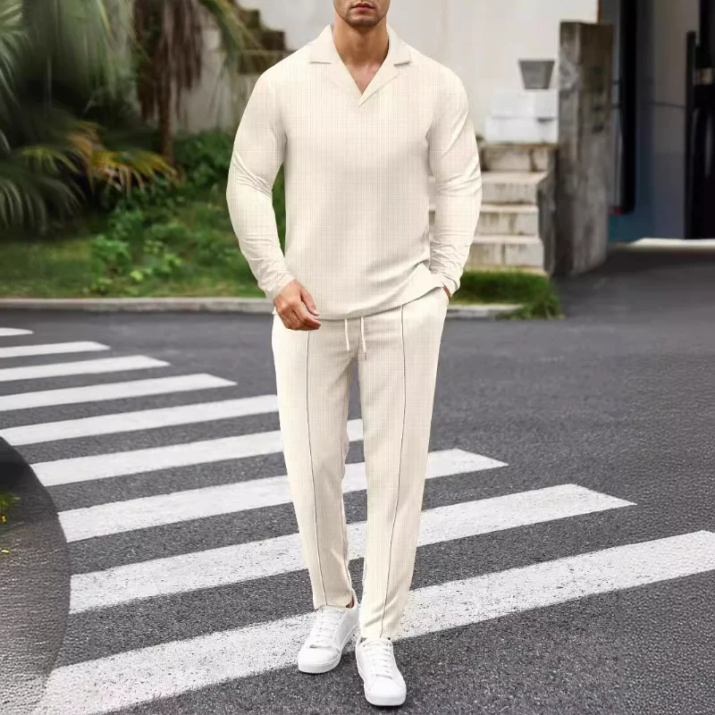 

Men Solid Waffle Knit Notch Lapel Long Sleeve Top Drawstring Pants 2 Piece Autumn Casual Suit