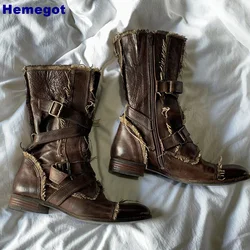 Retro Women's Tassel Knight Boots 2024 Autumn Outdoor Casual Flat Western Boots Round Toe Belt Buckle Brown Zipper Short Boots