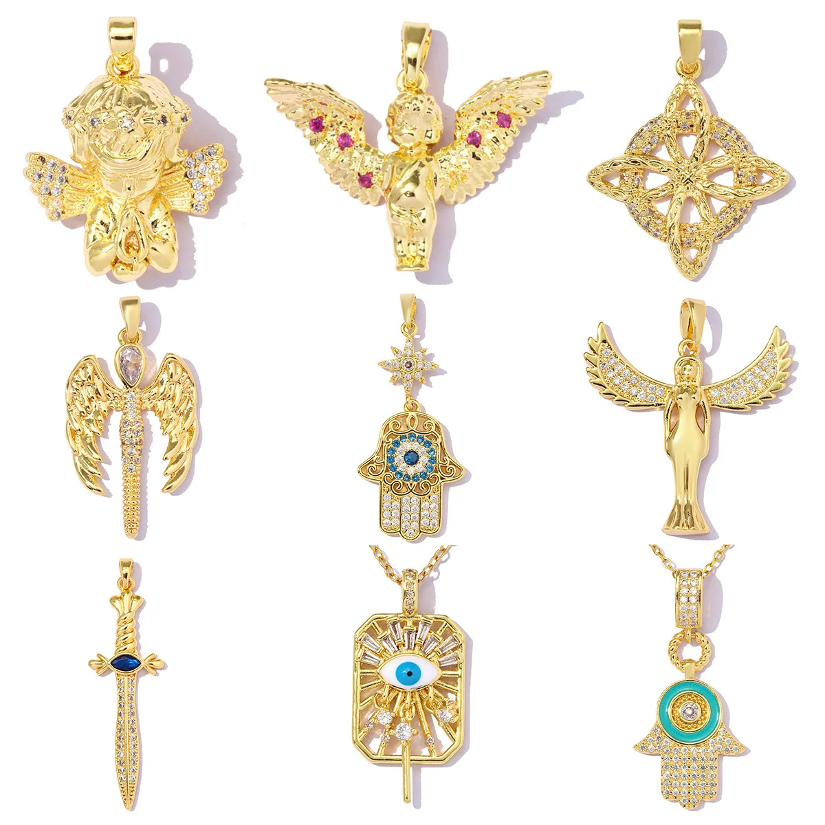 3pcs/Lot Luxury Copper Zircon Cross Wing DIY Charms Angel Hand Eye Necklace Pendants Woman Greek Mythology Jewelry Wholesale
