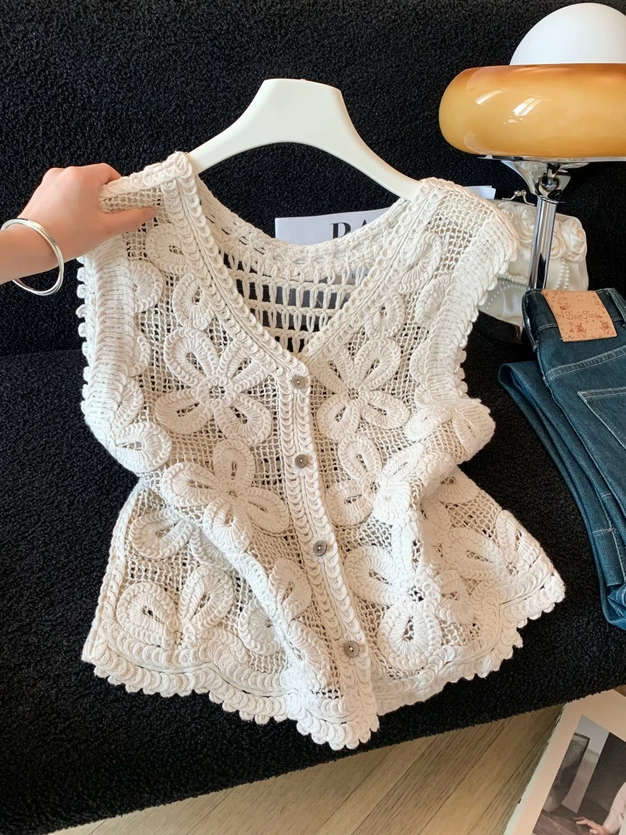 

Sleeveless Crochet Floral Lace Vest Cardigan Sheer Open-knit Button Down Blouse Summer Beach Cover-up Vacation Outfit