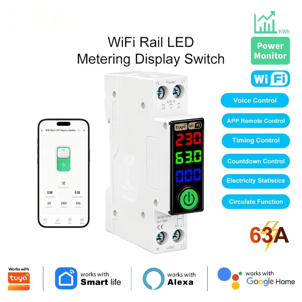 WiFi Smart Circuit Breaker 1‑63A Tuya Smart Life APP Remote Control Energy Meter Over Under Voltage Overcurrent TEMP Protection