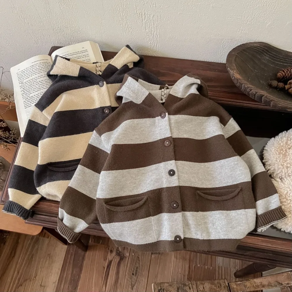 High Traffic Nordic Kids 2026 Stripe Elf Hat Knit Cardigan Boys Girls Baby Versatile Coat for 90-130cm