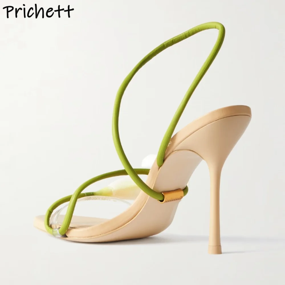 White Flower Green Yellow Stem Sandals 2025 Summer High Heels Elegant Slingback Leather Shoes Women's Straight Strap Sexy Shoes