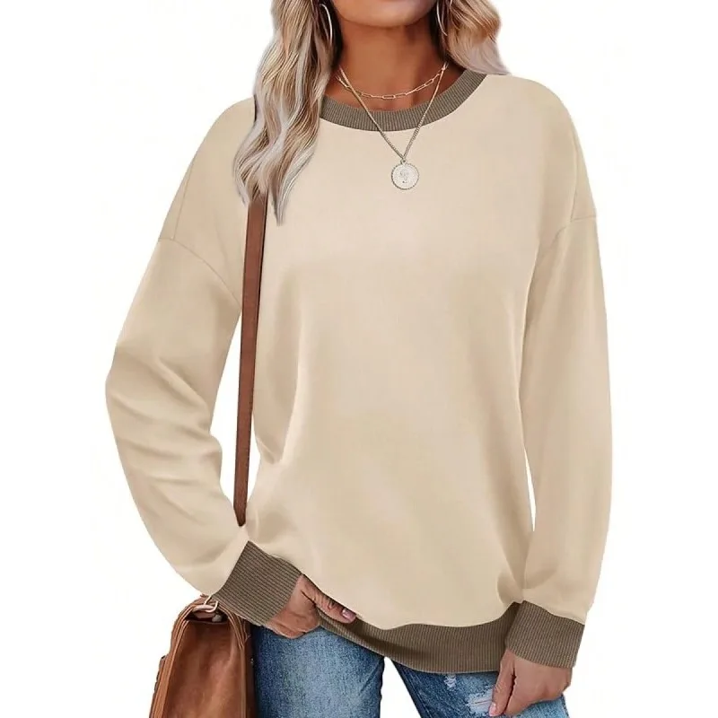 European and American Autumn Fashion Ribbed Trim T-Shirt Color-Blocked Women's Round Neck Long Sleeve Loose Top