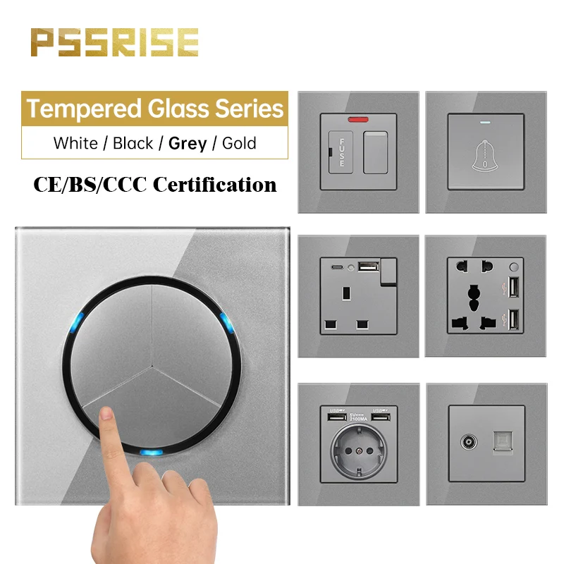 

PSSRISE French EU UK Wall Light Switch Power Socket with 5V 2.1A Type-c USB Charger Tempered Glass Panel TV TEL Computer Outlet