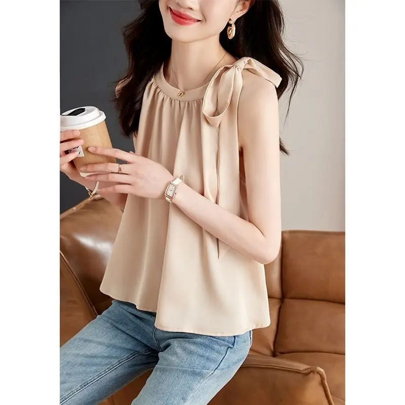 Fashion Chiffon Shirt Tops Summer New Sleeveless Solid Color Bandage Solid Loose Sweet Blouse Elegant Temperament Women Clothing