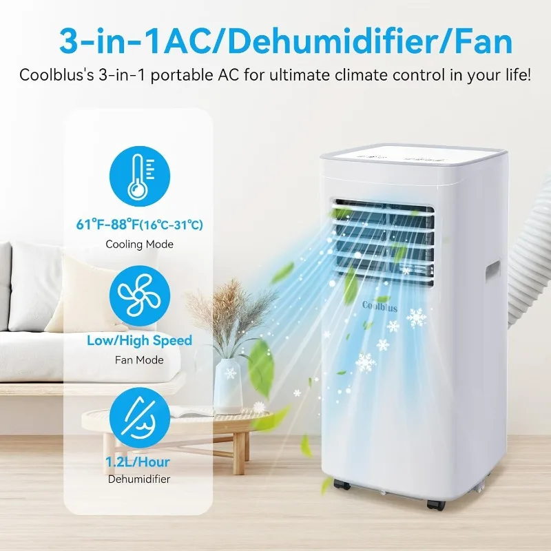 Draagbare Airconditioner, 8500 Btu Draagbare Ac Tot 360 Sq,3 In 1 Met Afstandsbediening, Wit