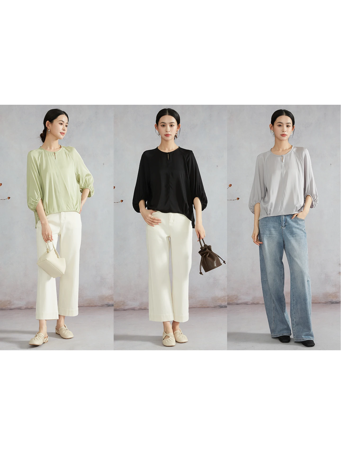 

Женская футболка из двойного муслинового шелка с рукавами-фонариками и круглым вырезом, свободного прямого кроя, с вставками на плечах, для повседневной носки, весенняя коллекция