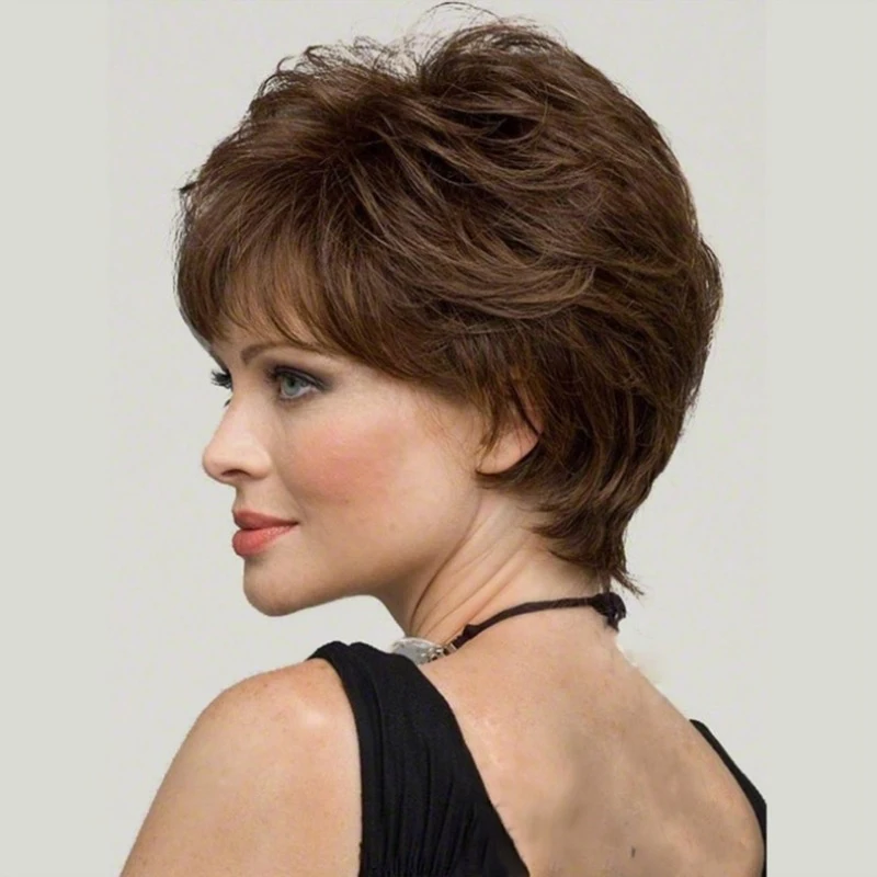 European and American fashion women's curly hair, brown slightly wavy full voluminous short wig