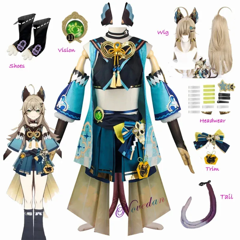 

Game Genshin Impact Kirara Cosplay Costume Wig Cat Ears Tail Shoes Accessories Full Set Anime Halloween Costume For Women XXXL