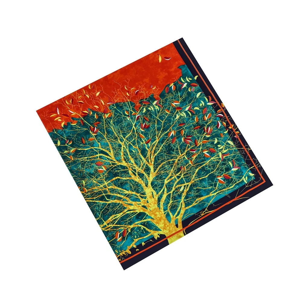 Silk Scarf Women Large Shawls Stoles Money Tree Print Square Scarves Echarpes Foulards Femme Wrap Bandanas 130*130CM