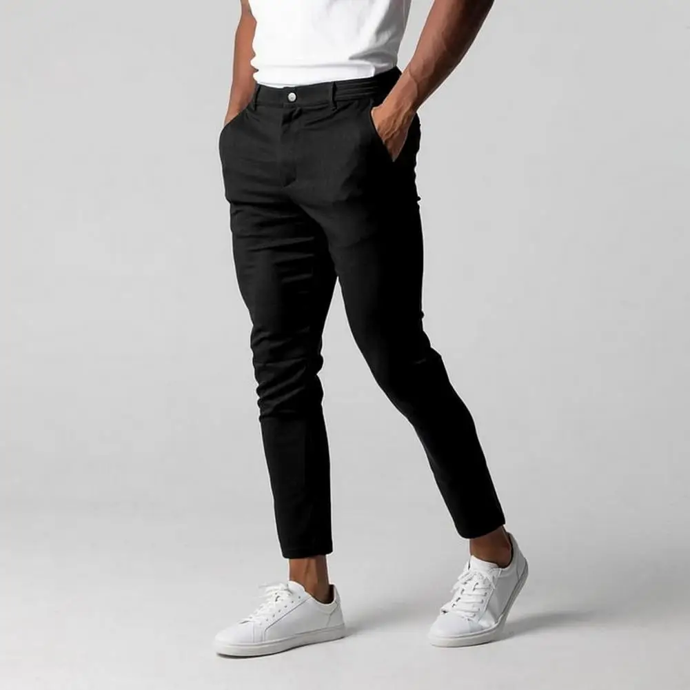 Pantalones elegantes de Color sólido para hombre, pantalones de negocios ajustados con cintura elástica, cierre de botones, bolsillos para mayor comodidad