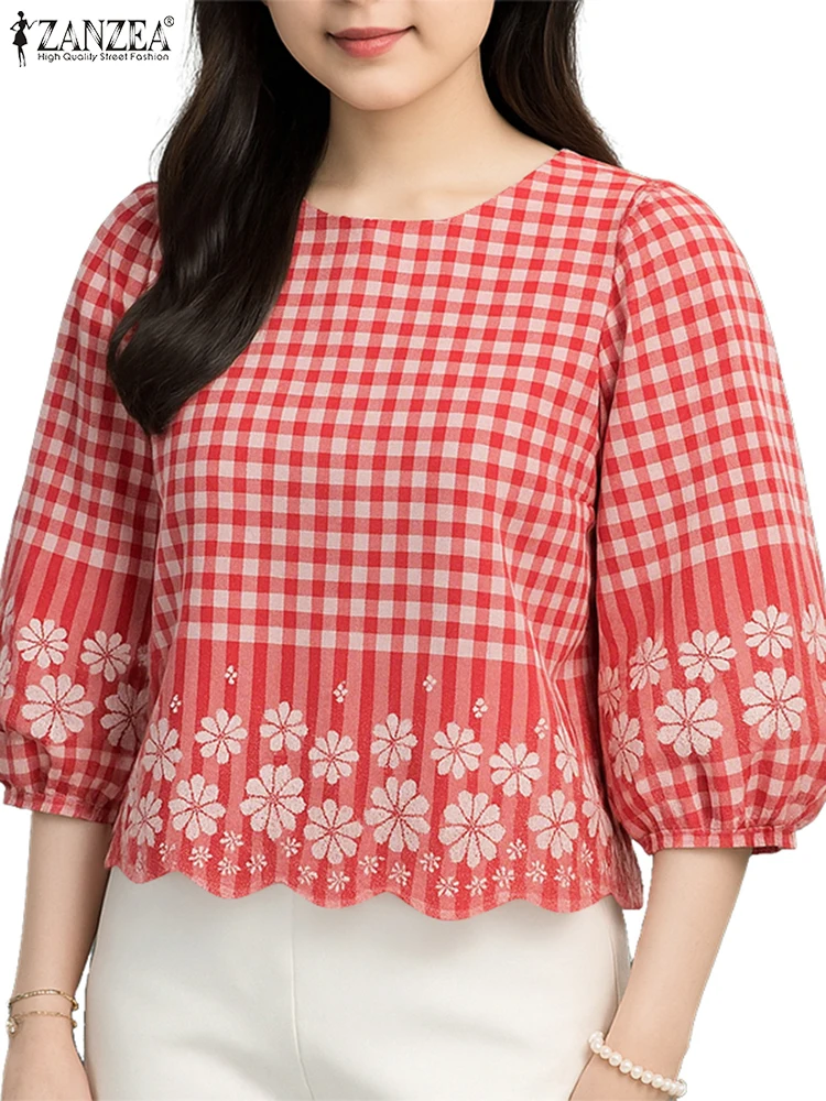 2025 Autumn Floral Pinted Blouse ZANZEA Women Blouses Elegant Fashion Long Sleeve Tops Checked Blusas Female OL Work Shirt Mujer