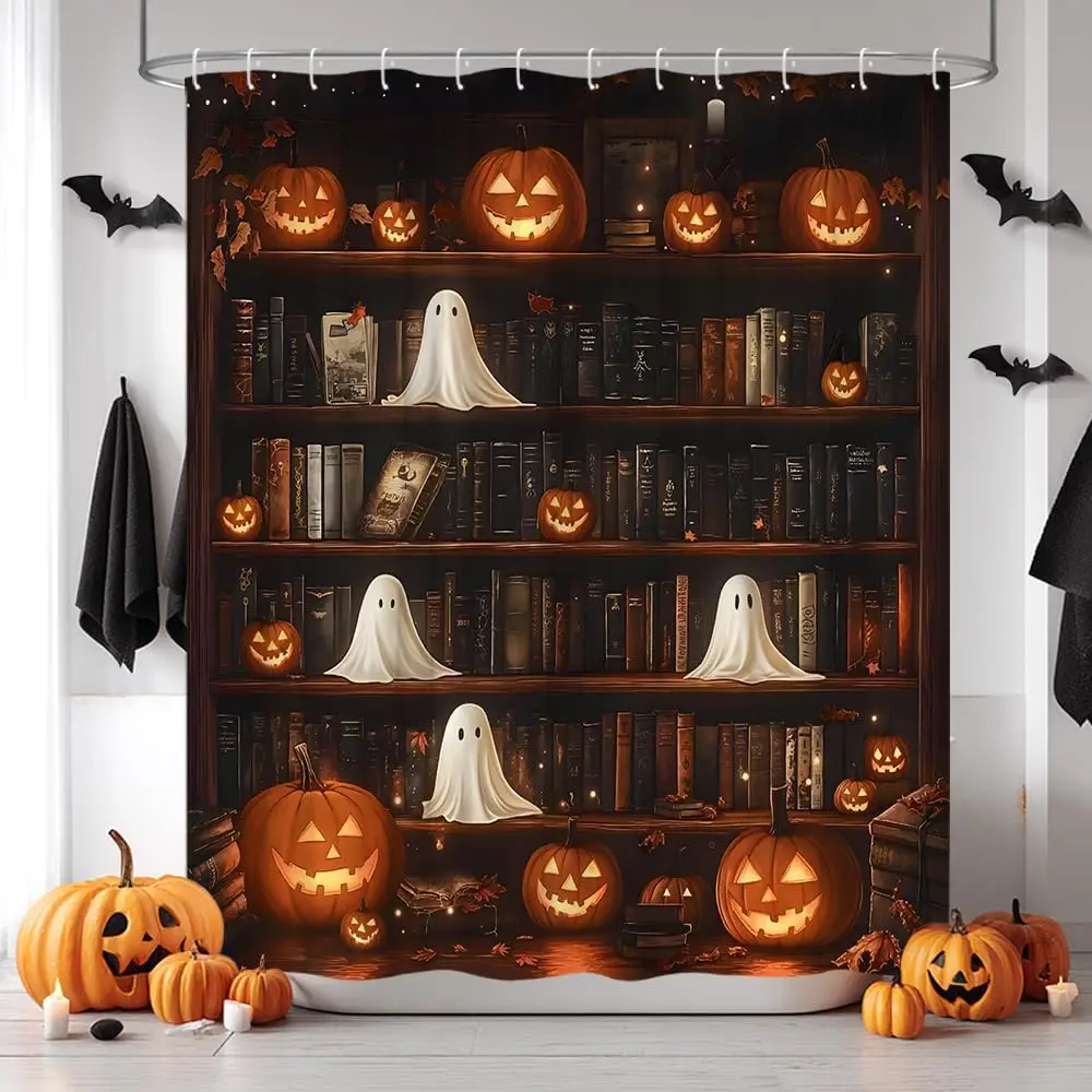 

Готическая книжная полка, занавеска для душа, милые призраки, ужасы, тыквы, фонарь, антикварный средневековый коричневый деревянный книжный шкаф, библиотека для книг, жуткий