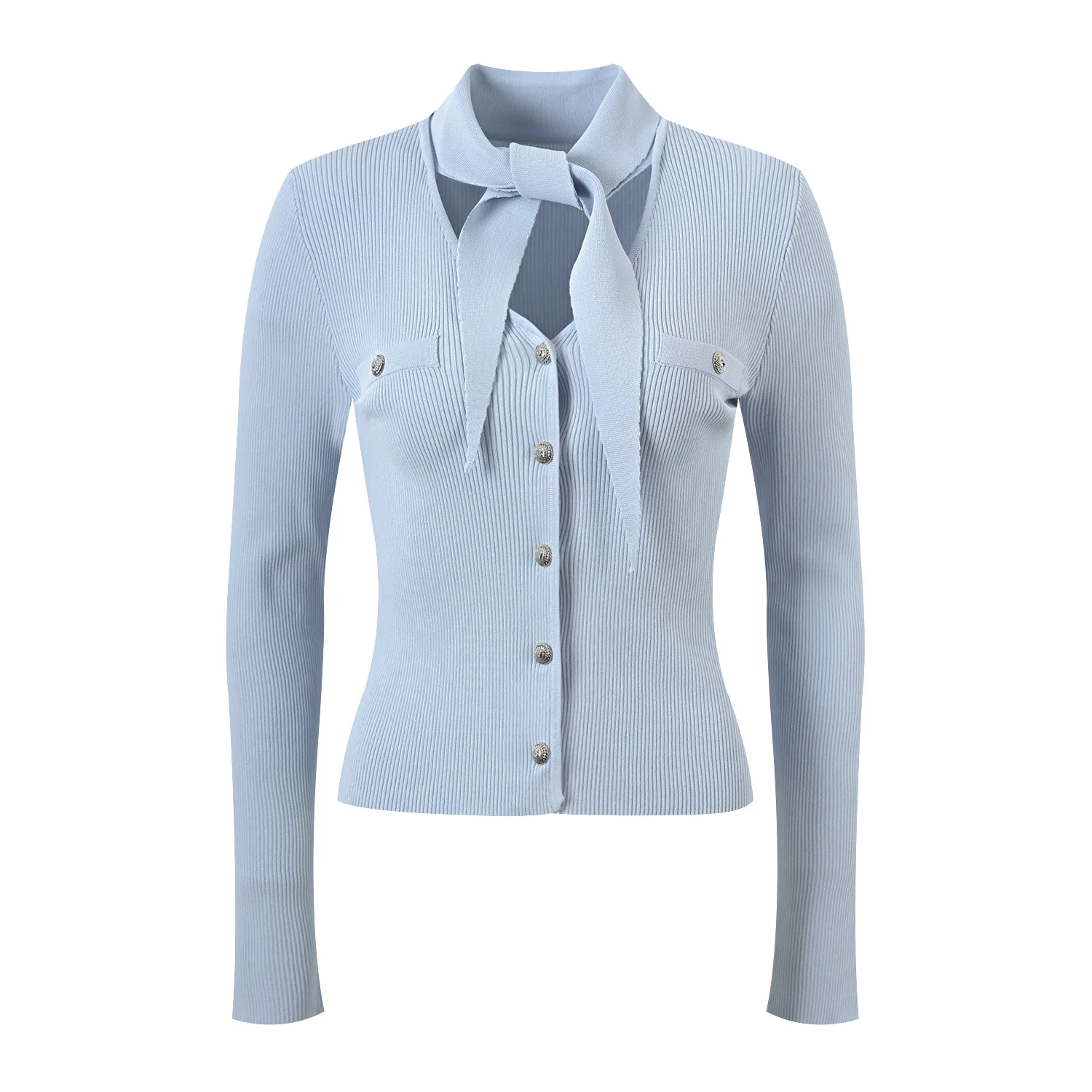 2024 Newest Designed Ribbon Collar Women Spring SolidKnitted Coat Office Lady Slim Fitted Single-breasted Cardigan