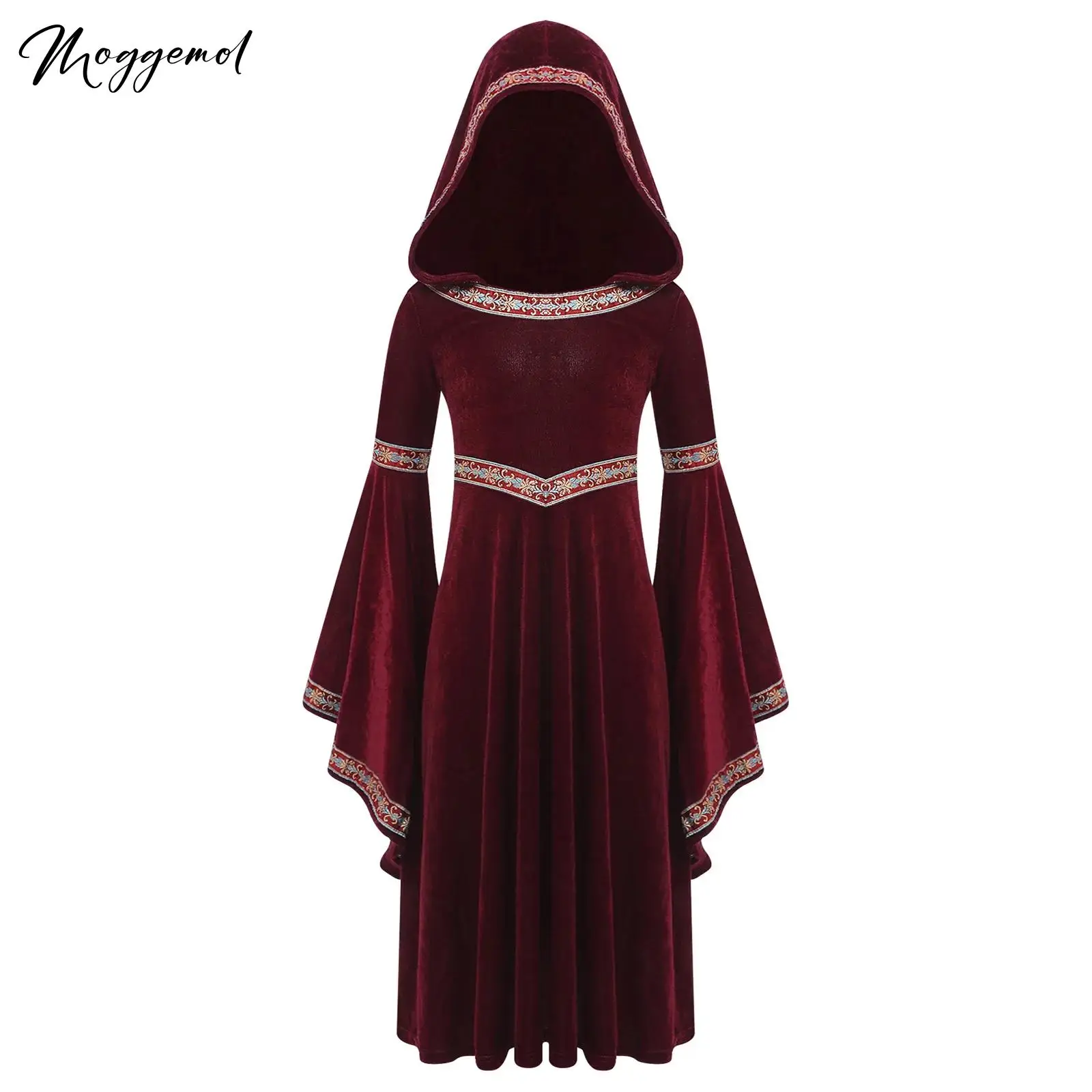 

Средневековый костюм принцессы для девочек, халат с капюшоном для косплея на Хэллоуин, длинные рукава-трубы, бархатное платье с вышитой отделкой для вечеринки