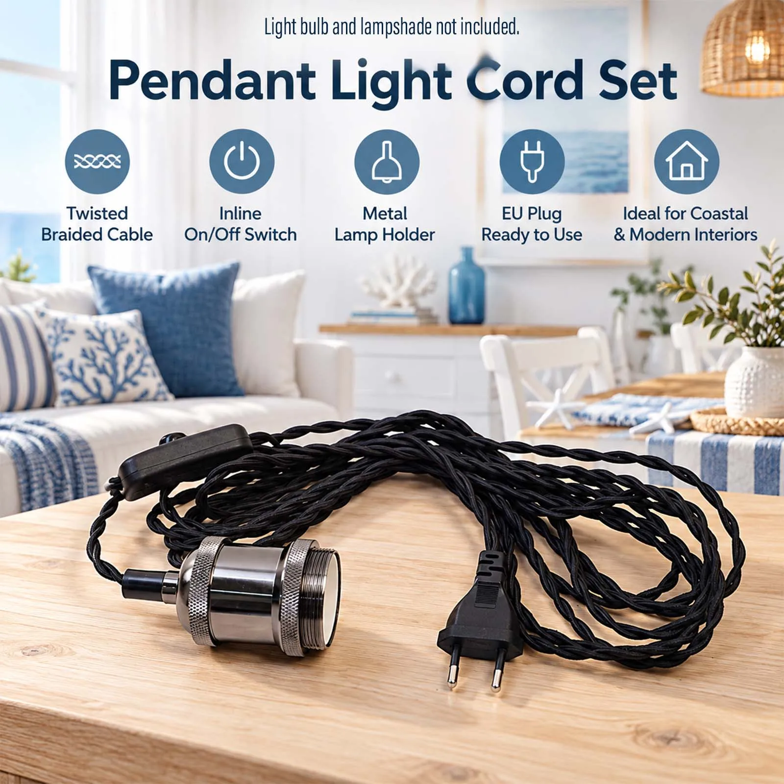 Pendant Light Cord Set, Black Twisted Braided Cable, Metal E27 Socket, Inline Switch, EU Plug, Coastal, Modern, DIY