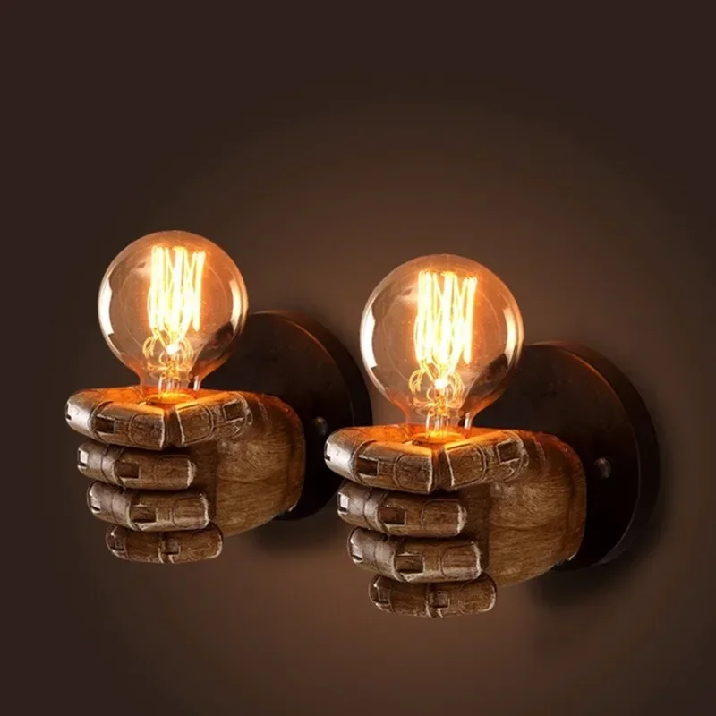 

American Vintage Wood Hand Model Wall Lamps Loft Foyer Resin Wall Lights for Restaurant Study Dining Room Bar Coffee Shop