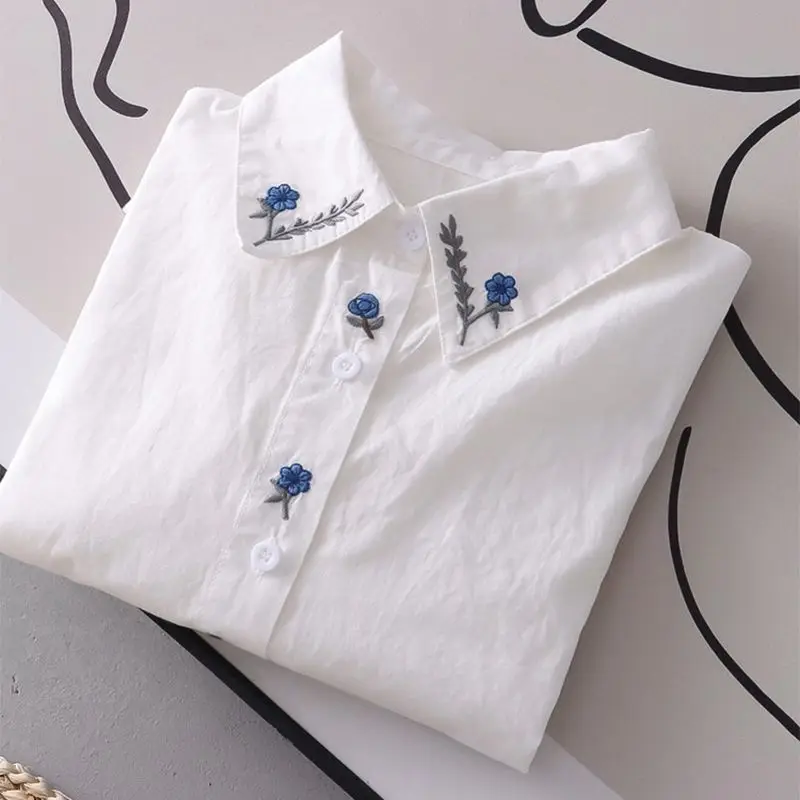 Spring Embroidered Blue Small Flower Full Cotton Long-sleeved Shirt for Women's Base Shirt Korean Style Age-reducing Versatile