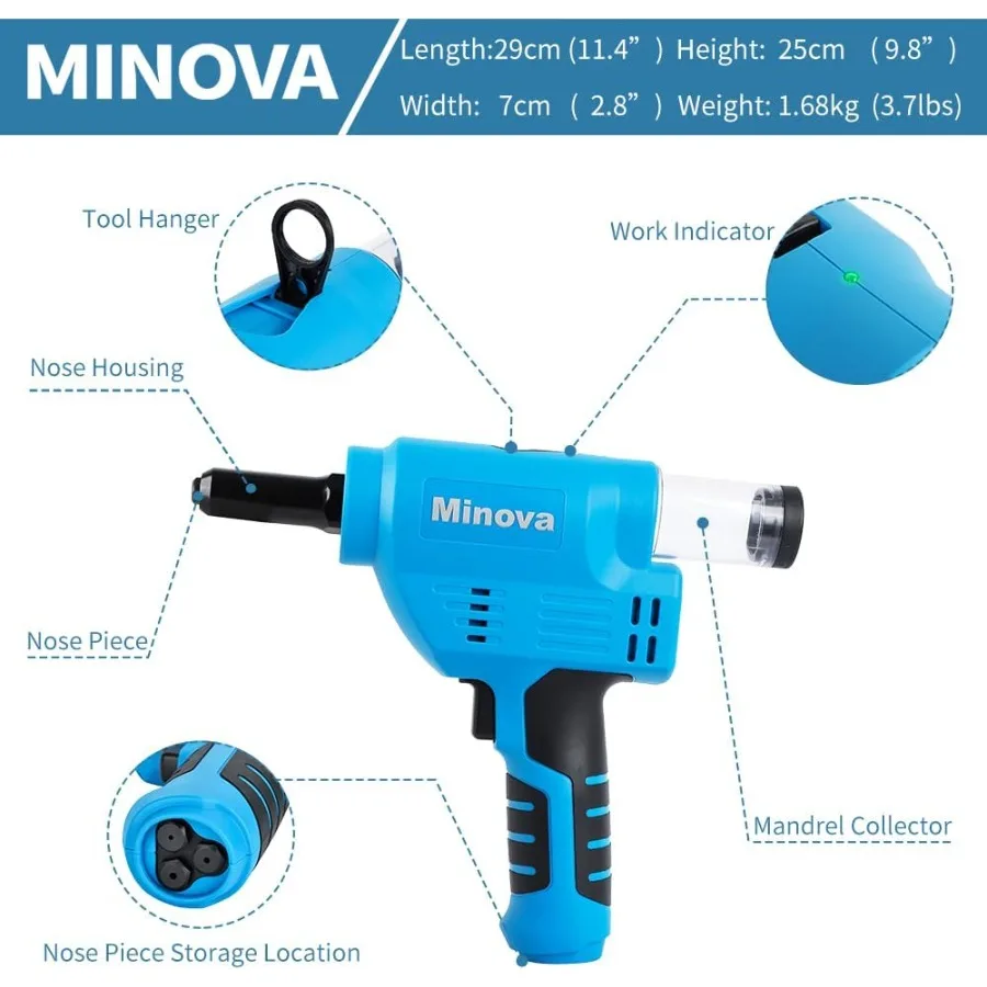 مجموعة أدوات مسدس برشام لاسلكي لمسامير الفولاذ المقاوم للصدأ 3/32 2.4 مم إلى 3/16 (4.8 مم) أزرق