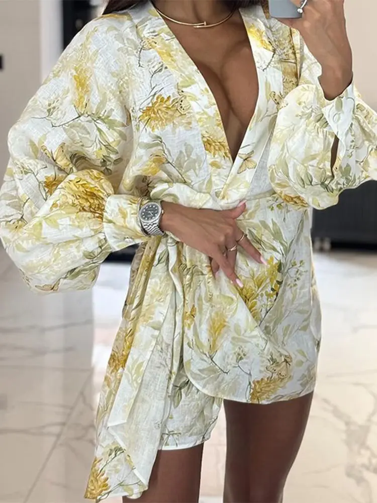 

Printed V-Neck Irregular Lace Up Dress Woman Bubble Sleeves Waist Cinched Short Dresses Fashion Sexy Casual Women's Mini Dresses