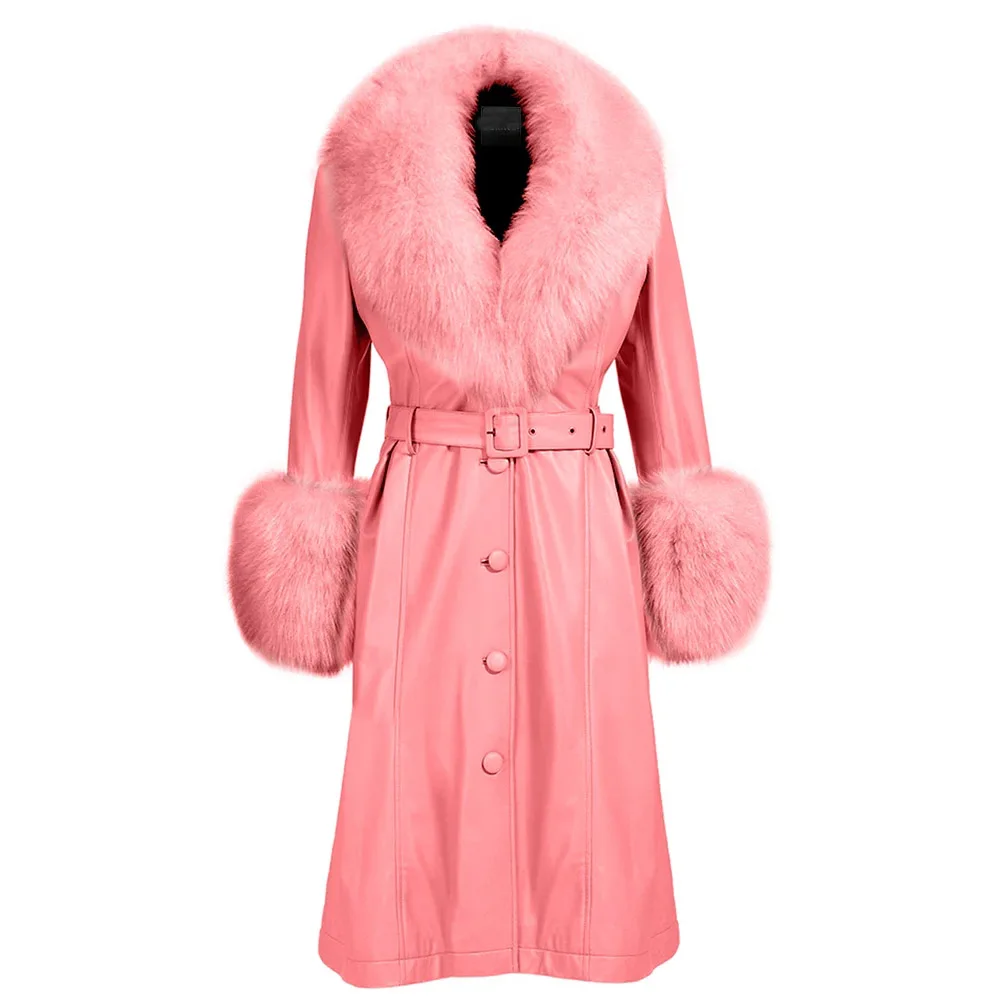 Denny&Dora Rose Pink Plus Size Coat Women Long Genuine Leather Coat Real Fox Fur Collar Trench