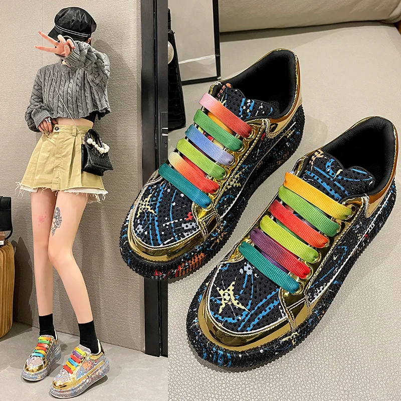 

Color Block Full Drill Rainbow White Shoes Women's 2023 Spring New Korean Style Versatile Fashionable Sports Casual Shoes