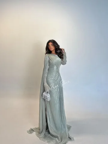Verngo Grön Glänsande Aftonklänning O-ringning Långärmad Formellt Tillfälle Elegant Plisserad Arabisk Balklänning Skräddarsydd 10 best sales Arabisk förlovningsklänning - №3