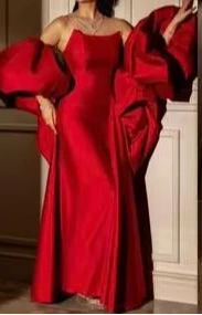

Customized Sexy Fashion Strapless Activity Half Sleeve Watteau Train Bows Satin Evening Dress for Wedding