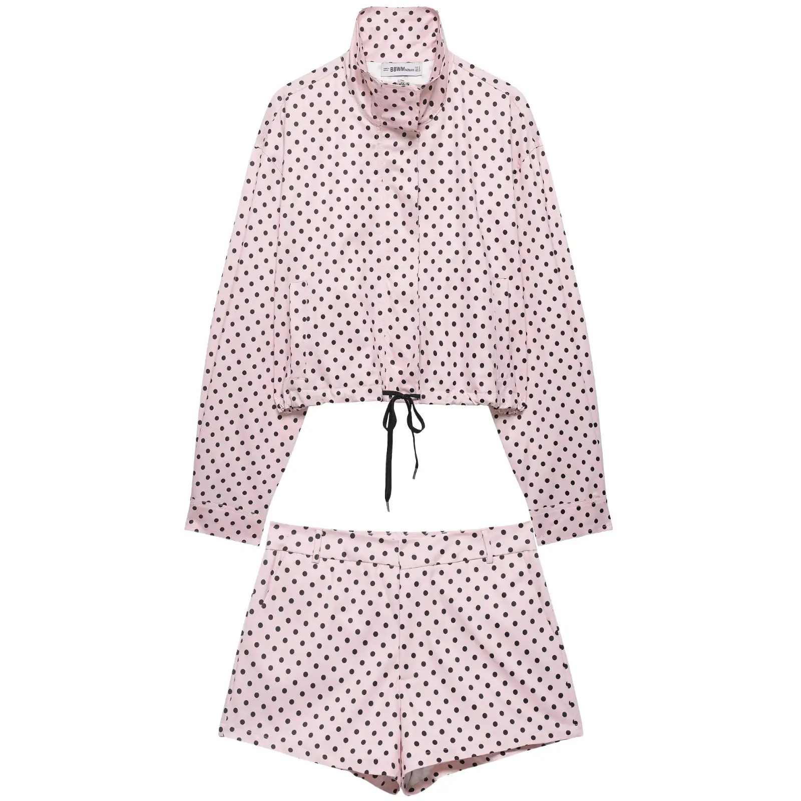 Polka Dot Jacket Turtleneck Zip Up Drawstring Pocket Coat for Women - Yellow