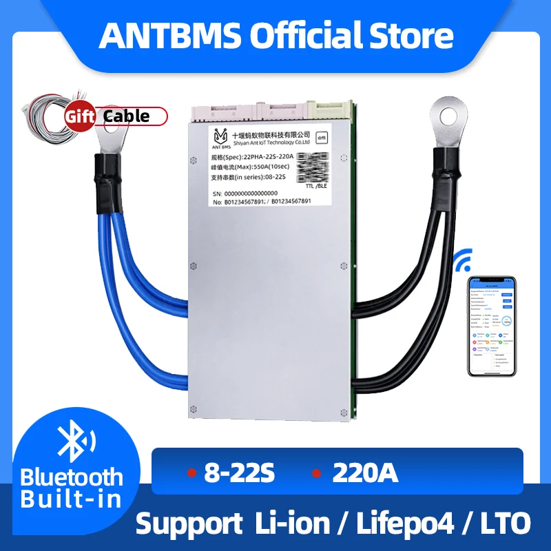 ANT BMS 8-22S Smart Li-ion/LifePo4 Battery Management System 220A BT 24V 36V 60V 10S 11S, 12S 14S 15S 20S Built-in for Balancing