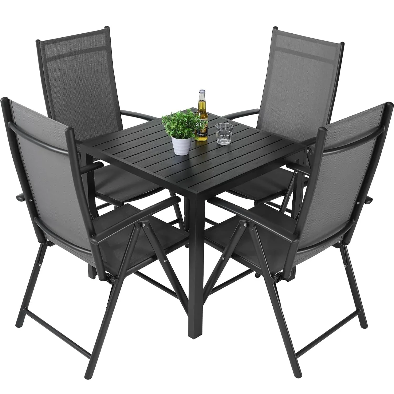 5-Piece Balcony Set Garden Furniture Aluminum Seating Group Garden Table with 4 Folding Chairs 7-way Adjustable High Backrest