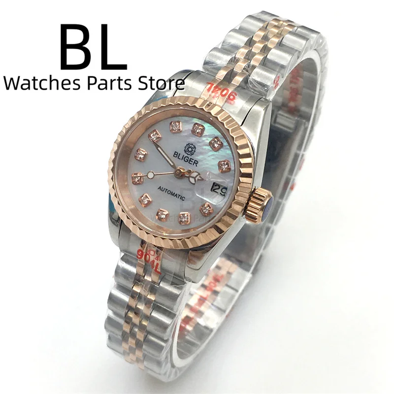 BLIGER 26mm NH05 Luxury Women's Watch Diamond Pink Mother Pearl Shell Dial Silver Rose Gold Jubilee Sapphire Glass Date Magnify