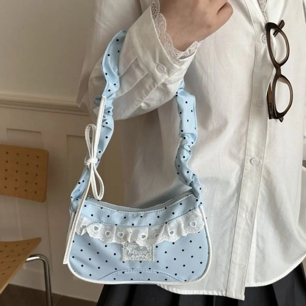 

Lace Polka Dot Shoulder Bag Drawstring Large Capacity Pleated Underarm Bag Stretchable Strap Ultralight French Stick Handbag