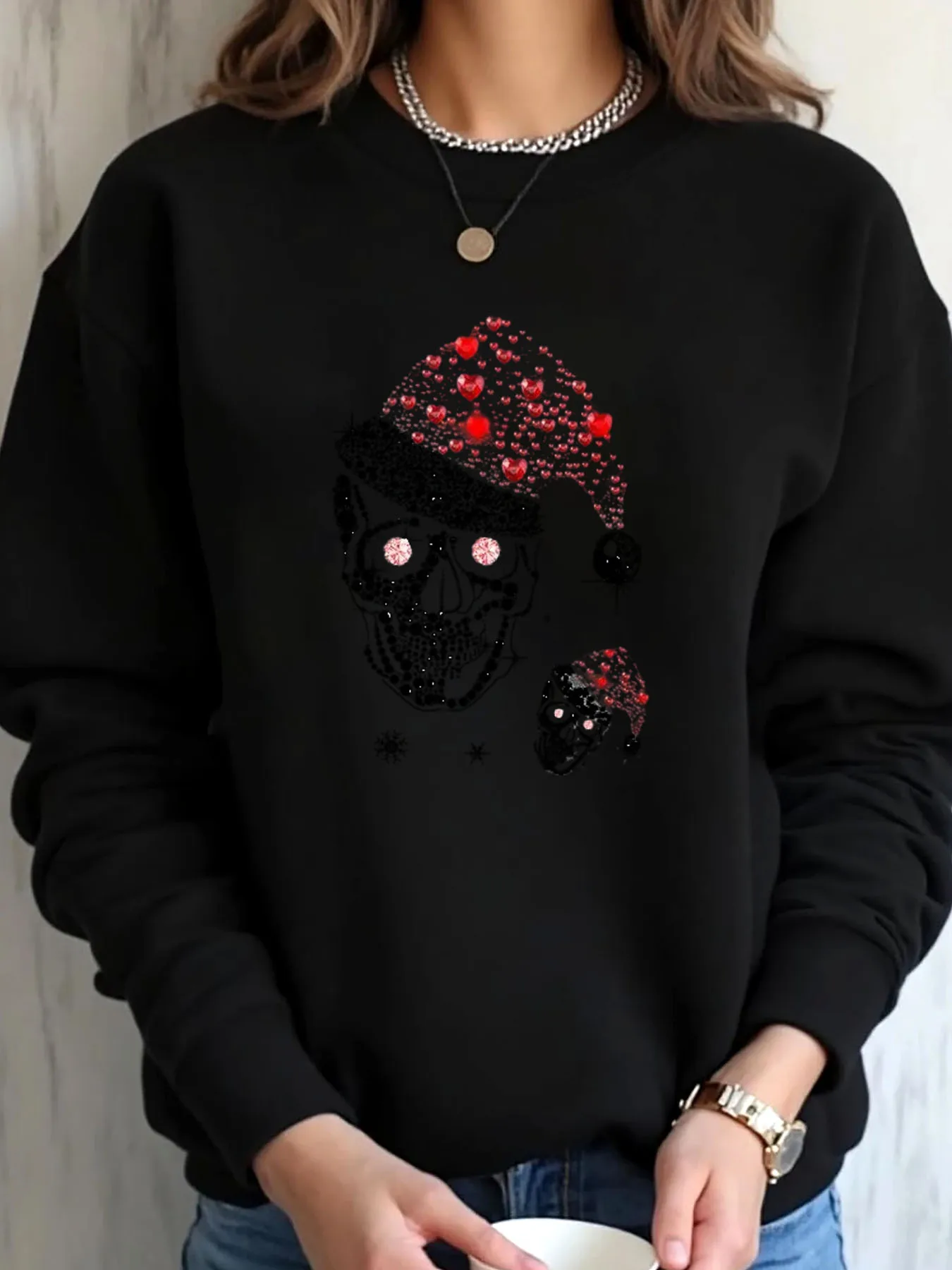 Women Oversized Sweatshirt Christmas Skull Print Outdoor Wear